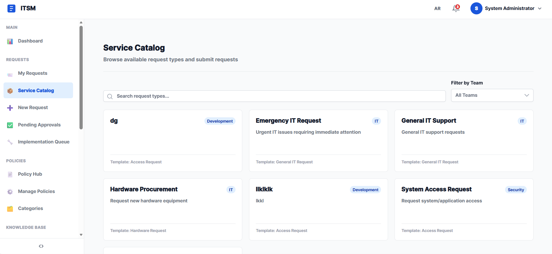 ITSM Service Catalog — browse and request IT services